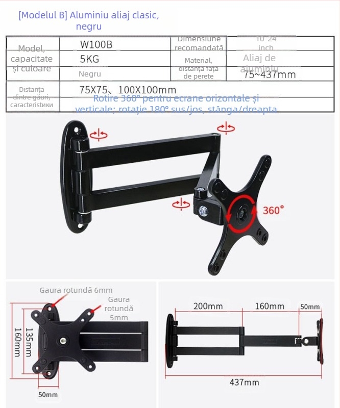 Suport de perete universal pentru LCD monitor/TV, rotativ, extensibil, reglabil, model W100, Creation Vision