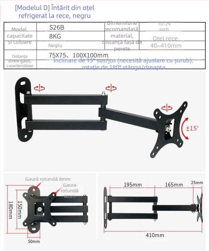 Suport de perete universal pentru LCD monitor/TV, rotativ, extensibil, reglabil, model W100, Creation Vision