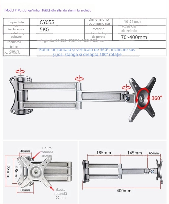 Suport de perete universal pentru LCD monitor/TV, rotativ, extensibil, reglabil, model W100, Creation Vision
