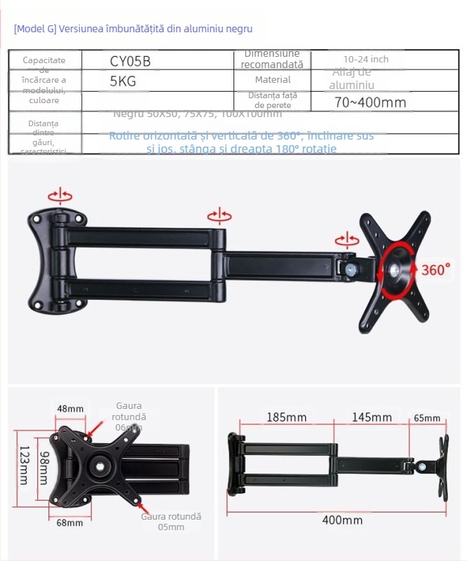 Suport de perete universal pentru LCD monitor/TV, rotativ, extensibil, reglabil, model W100, Creation Vision