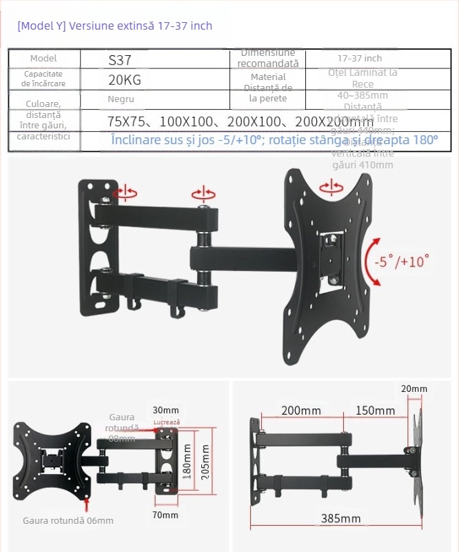 Suport de perete universal pentru LCD monitor/TV, rotativ, extensibil, reglabil, model W100, Creation Vision