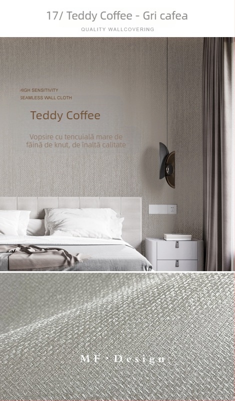 Acoperire de perete din mătase, textură dobby, fără  îmbinări, cu fire micro-aurii; pentru sufragerie și dormitorul principal