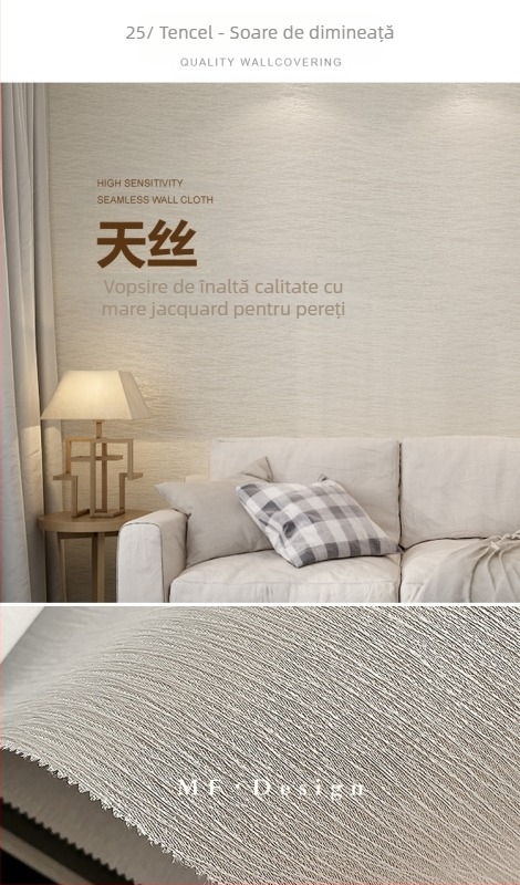 Acoperire de perete din mătase, textură dobby, fără  îmbinări, cu fire micro-aurii; pentru sufragerie și dormitorul principal