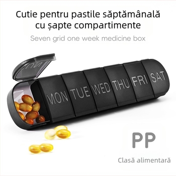 Organizator portabil de medicamente din plastic, 7 compartimente, capac sigilat, cu divizoare