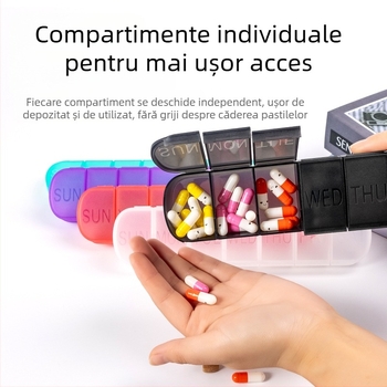 Organizator portabil de medicamente din plastic, 7 compartimente, capac sigilat, cu divizoare