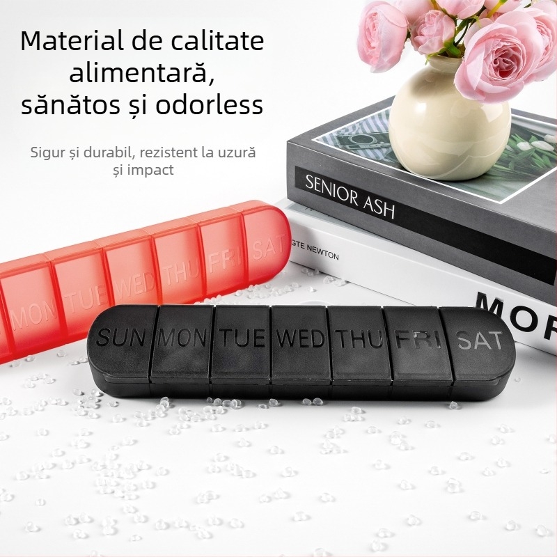 Organizator portabil de medicamente din plastic, 7 compartimente, capac sigilat, cu divizoare