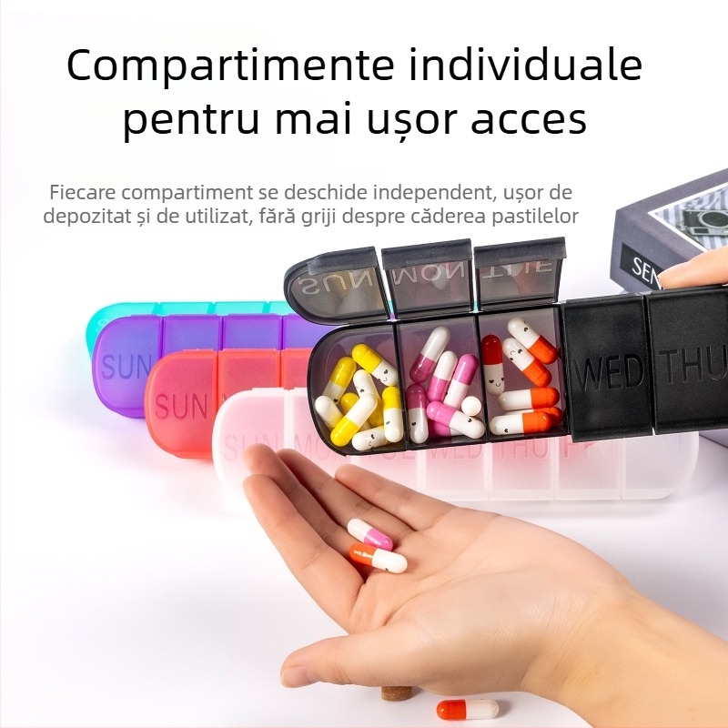 Organizator portabil de medicamente din plastic, 7 compartimente, capac sigilat, cu divizoare