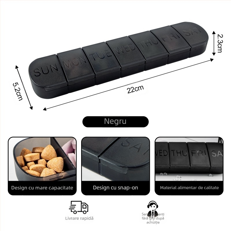 Organizator portabil de medicamente din plastic, 7 compartimente, capac sigilat, cu divizoare