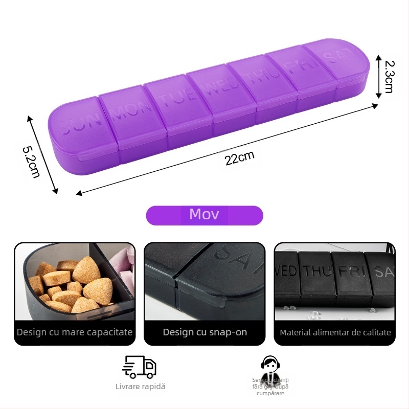 Organizator portabil de medicamente din plastic, 7 compartimente, capac sigilat, cu divizoare