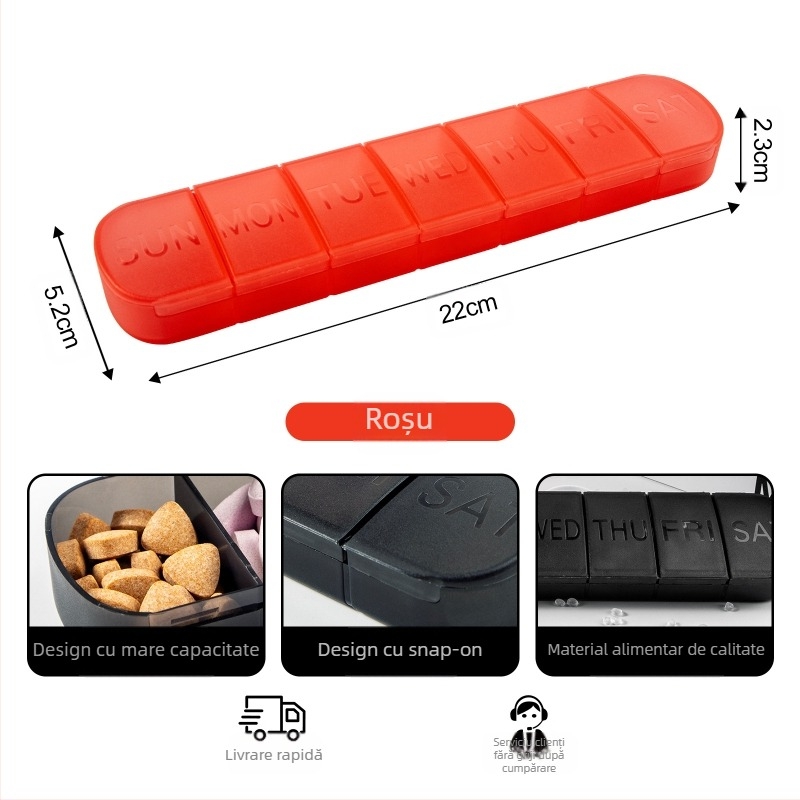 Organizator portabil de medicamente din plastic, 7 compartimente, capac sigilat, cu divizoare