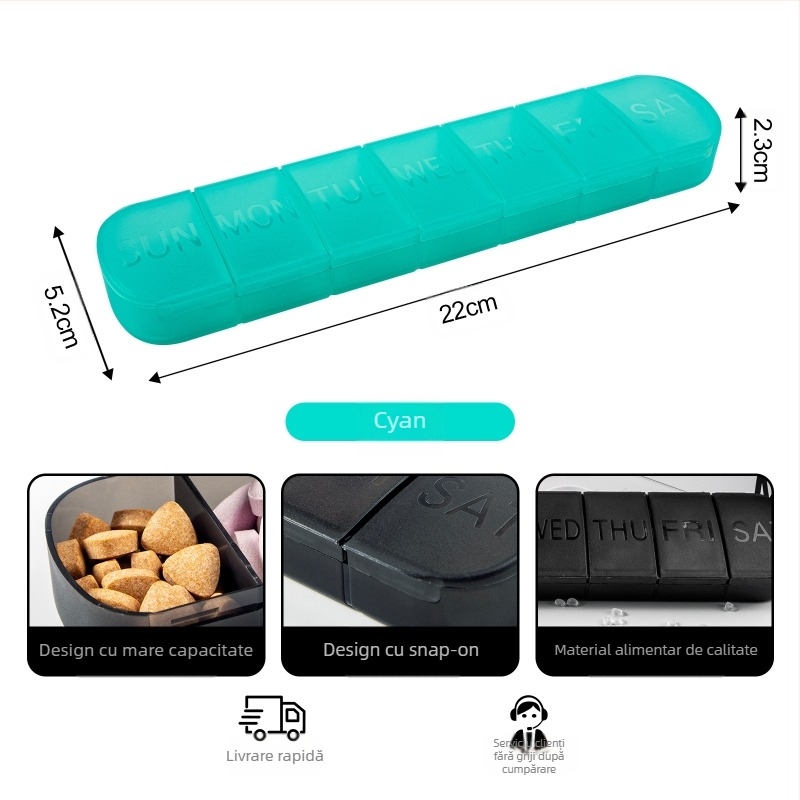 Organizator portabil de medicamente din plastic, 7 compartimente, capac sigilat, cu divizoare