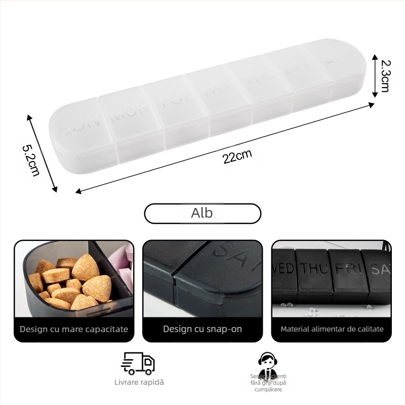 Organizator portabil de medicamente din plastic, 7 compartimente, capac sigilat, cu divizoare