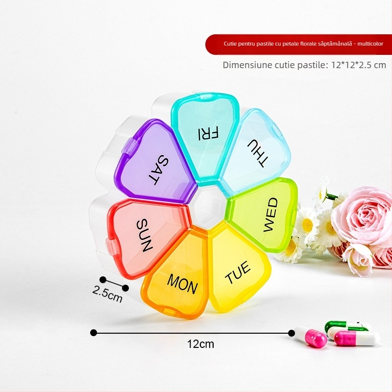 Organizator portabil de medicamente din plastic, 7 compartimente, capac sigilat, cu divizoare