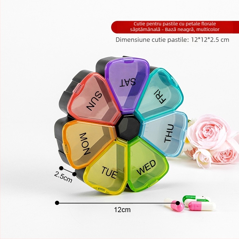 Organizator portabil de medicamente din plastic, 7 compartimente, capac sigilat, cu divizoare