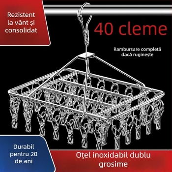 Raft de uscare din oțel inoxidabil cu 3 cleme, suport cu mai multe rânduri de cârlige, design modern minimalist, capacitate 5 kg