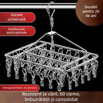 Raft de uscare din oțel inoxidabil cu 3 cleme, suport cu mai multe rânduri de cârlige, design modern minimalist, capacitate 5 kg