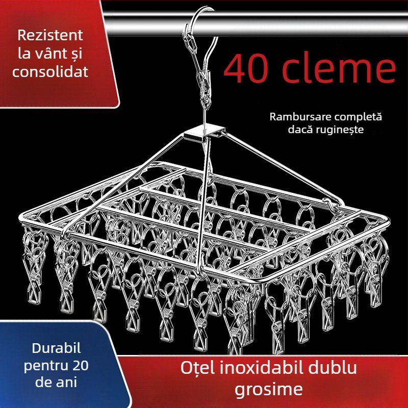 Raft de uscare din oțel inoxidabil cu 3 cleme, suport cu mai multe rânduri de cârlige, design modern minimalist, capacitate 5 kg