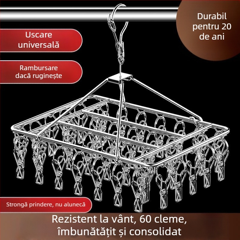 Raft de uscare din oțel inoxidabil cu 3 cleme, suport cu mai multe rânduri de cârlige, design modern minimalist, capacitate 5 kg