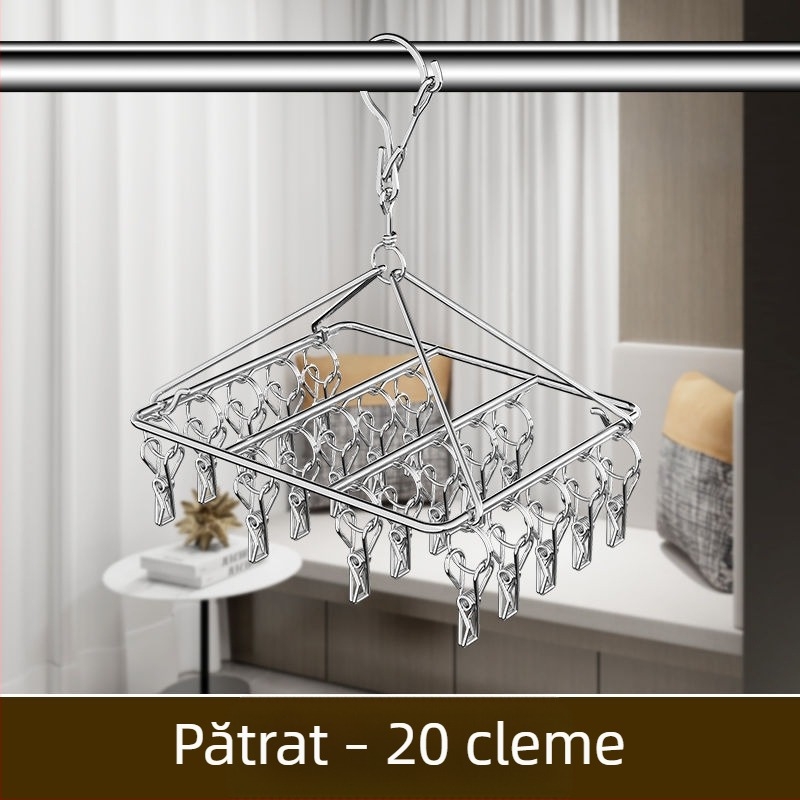Raft de uscare din oțel inoxidabil cu 3 cleme, suport cu mai multe rânduri de cârlige, design modern minimalist, capacitate 5 kg