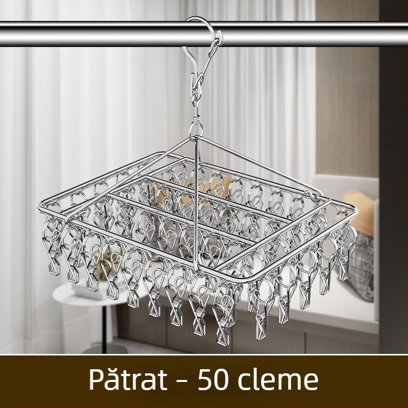 Raft de uscare din oțel inoxidabil cu 3 cleme, suport cu mai multe rânduri de cârlige, design modern minimalist, capacitate 5 kg