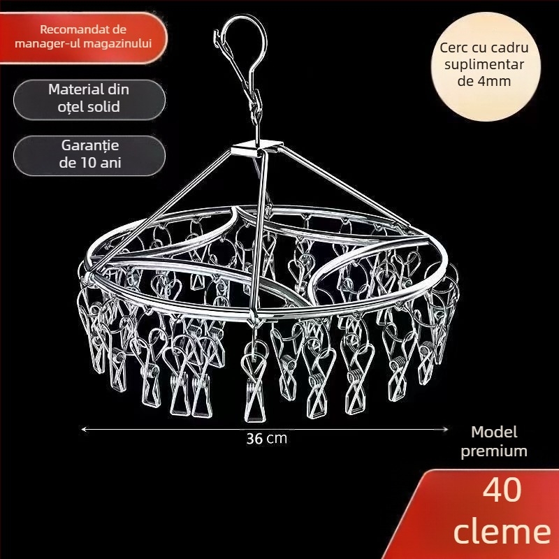 Raft de uscare din oțel inoxidabil cu 3 cleme, suport cu mai multe rânduri de cârlige, design modern minimalist, capacitate 5 kg