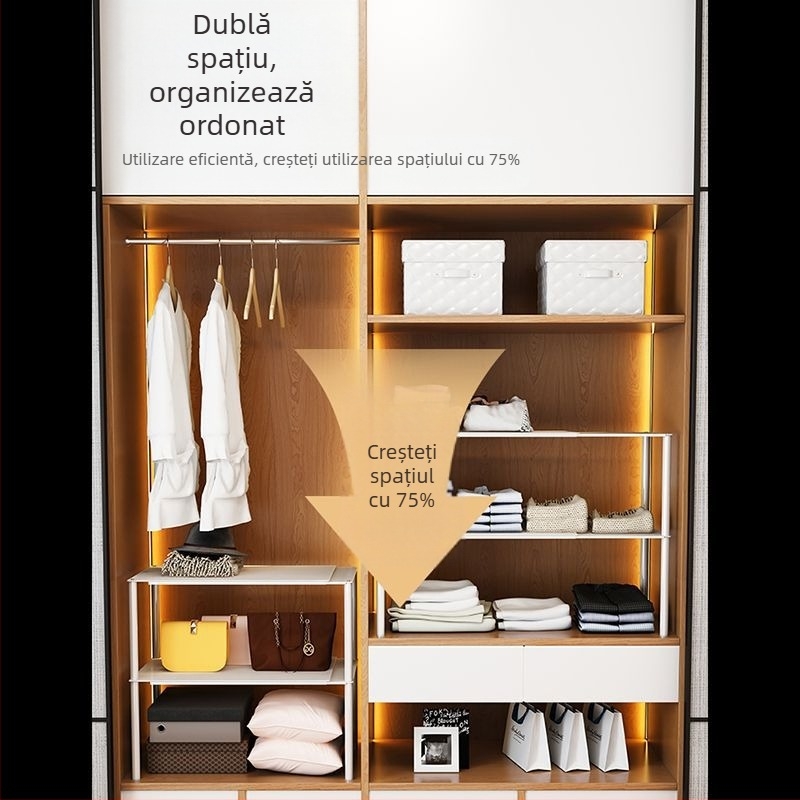 Dulap retractabil cu două rafturi pentru garderobă și haine — oțel din carbon, stil simplu și modern, montaj pe podea