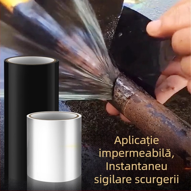 Bandă impermeabilă pentru reparații de scurgeri la țevi PVC, baie și bucătărie, format în spirală stratificat, nucleu din carton, 500% alungire, adeziv puternic rezistent la apă