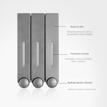 Dozator de săpun montat pe perete, acționat prin apăsare, ABS, turnare prin injecție, design modern minimalist.