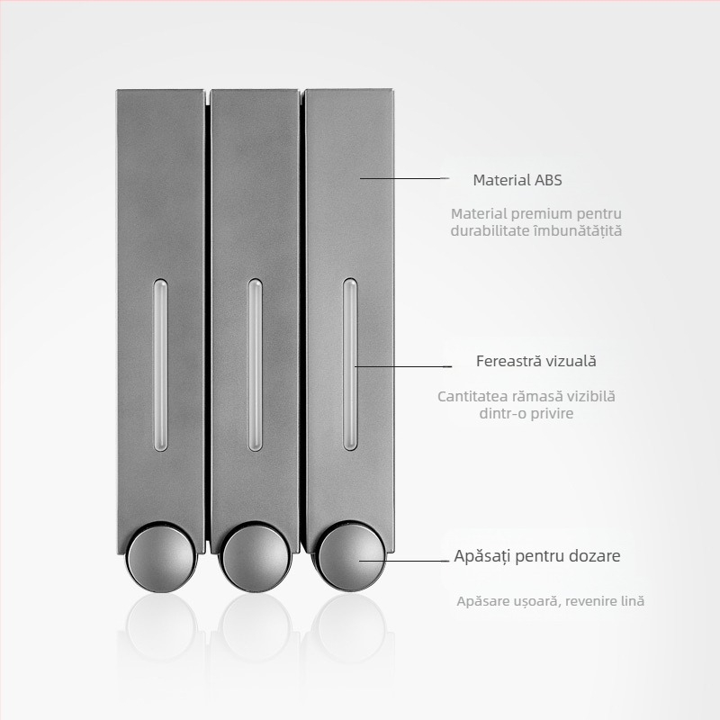Dozator de săpun montat pe perete, acționat prin apăsare, ABS, turnare prin injecție, design modern minimalist.