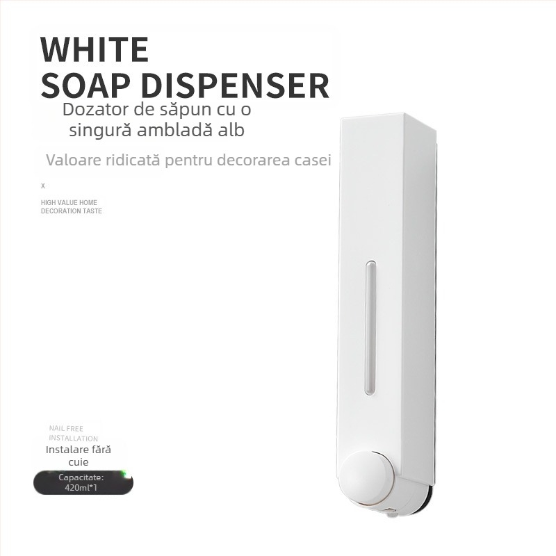 Dozator de săpun montat pe perete, acționat prin apăsare, ABS, turnare prin injecție, design modern minimalist.