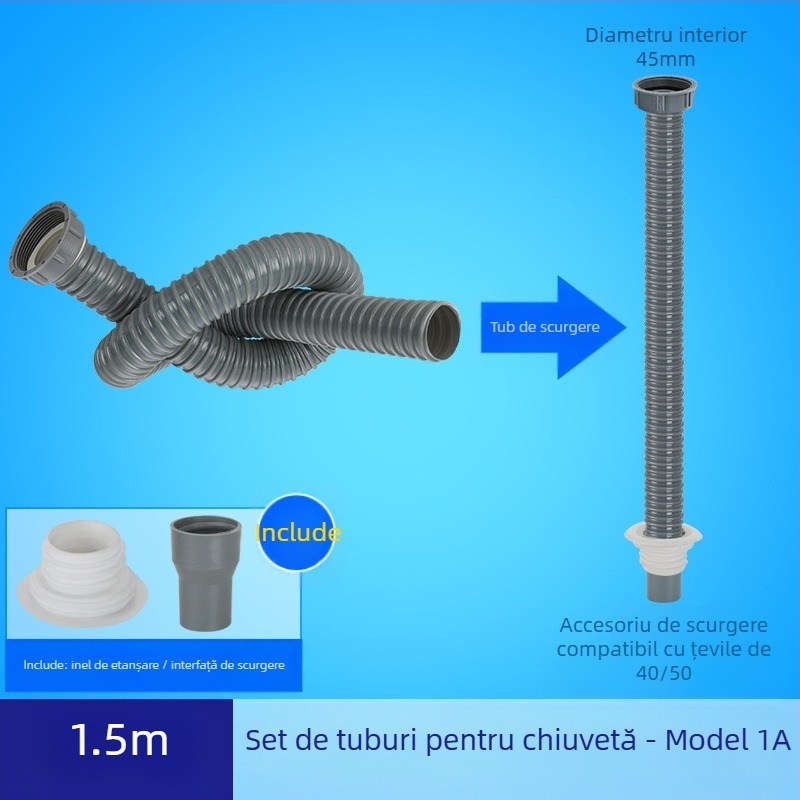 Scurgere chiuvetă de bucătărie cu extensie a țevii de scurgere și furtun anti miros (Chiuvetă cu un bazin; Extensie țevi; Furtun anti miros)