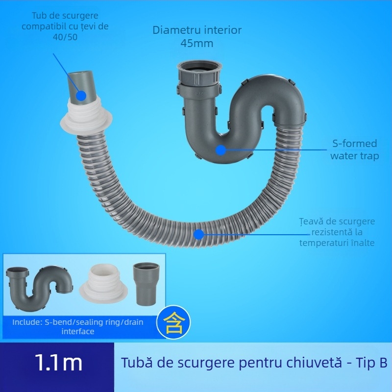 Scurgere chiuvetă de bucătărie cu extensie a țevii de scurgere și furtun anti miros (Chiuvetă cu un bazin; Extensie țevi; Furtun anti miros)