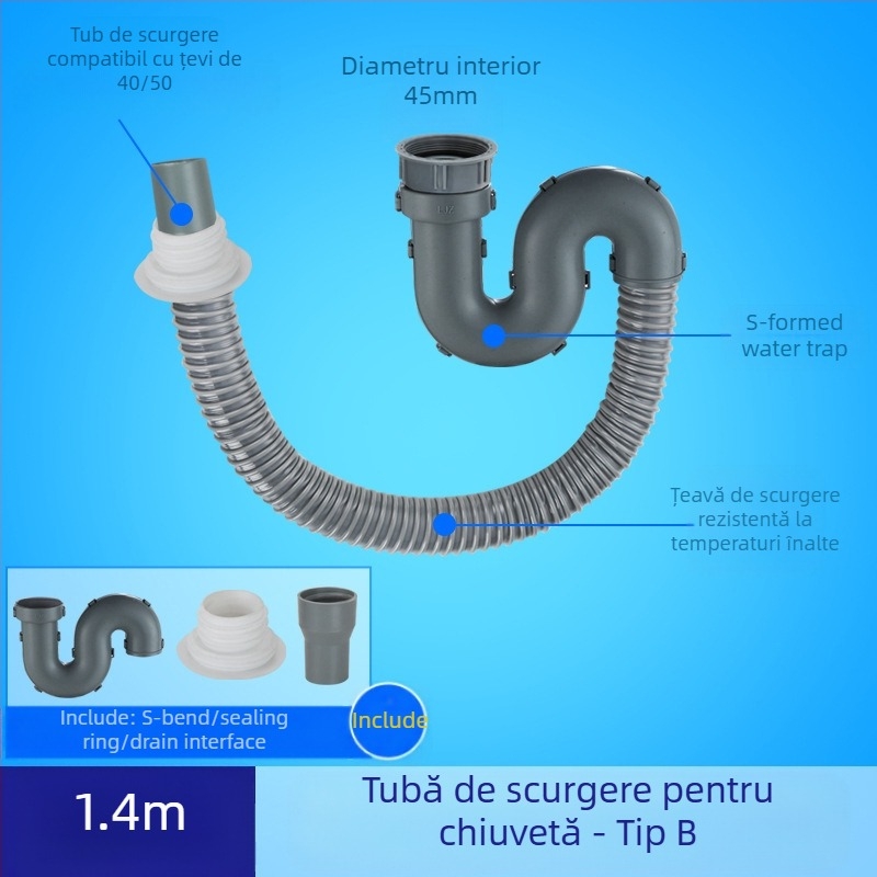 Scurgere chiuvetă de bucătărie cu extensie a țevii de scurgere și furtun anti miros (Chiuvetă cu un bazin; Extensie țevi; Furtun anti miros)