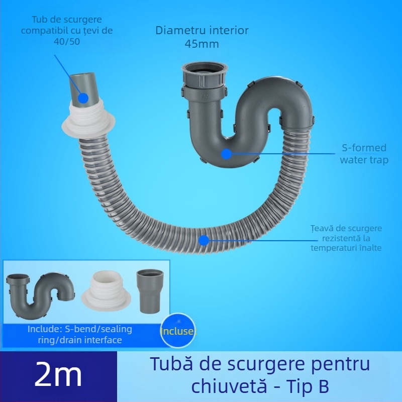 Scurgere chiuvetă de bucătărie cu extensie a țevii de scurgere și furtun anti miros (Chiuvetă cu un bazin; Extensie țevi; Furtun anti miros)