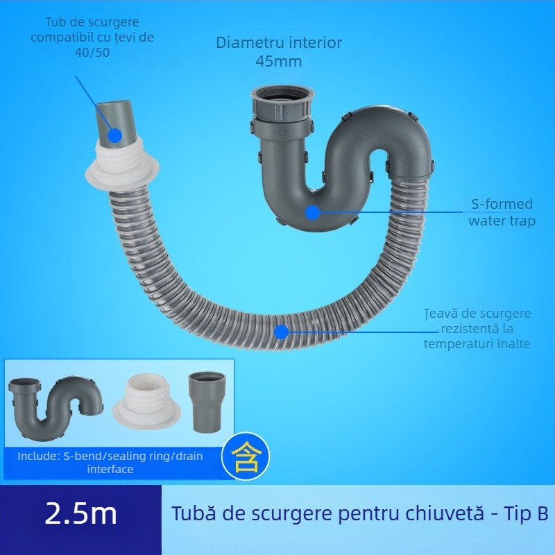 Scurgere chiuvetă de bucătărie cu extensie a țevii de scurgere și furtun anti miros (Chiuvetă cu un bazin; Extensie țevi; Furtun anti miros)
