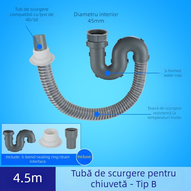 Scurgere chiuvetă de bucătărie cu extensie a țevii de scurgere și furtun anti miros (Chiuvetă cu un bazin; Extensie țevi; Furtun anti miros)