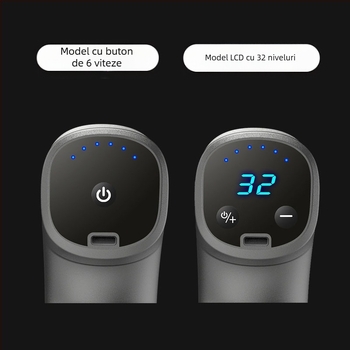 Mini masaj fascial cu motor cu peri; 4 capete de masaj; baterie încorporată 1200–2000 mAh; afișaj LCD cu 5+ niveluri de viteză; foarte silențios (<36 dB)