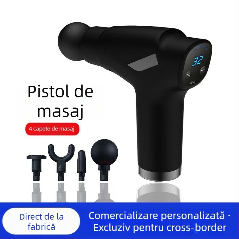 Mini masaj fascial cu motor cu peri; 4 capete de masaj; baterie încorporată 1200–2000 mAh; afișaj LCD cu 5+ niveluri de viteză; foarte silențios (<36 dB)