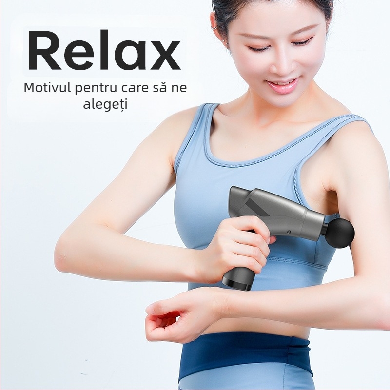 Mini masaj fascial cu motor cu peri; 4 capete de masaj; baterie încorporată 1200–2000 mAh; afișaj LCD cu 5+ niveluri de viteză; foarte silențios (<36 dB)