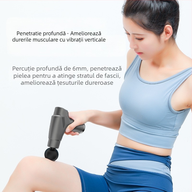 Mini masaj fascial cu motor cu peri; 4 capete de masaj; baterie încorporată 1200–2000 mAh; afișaj LCD cu 5+ niveluri de viteză; foarte silențios (<36 dB)