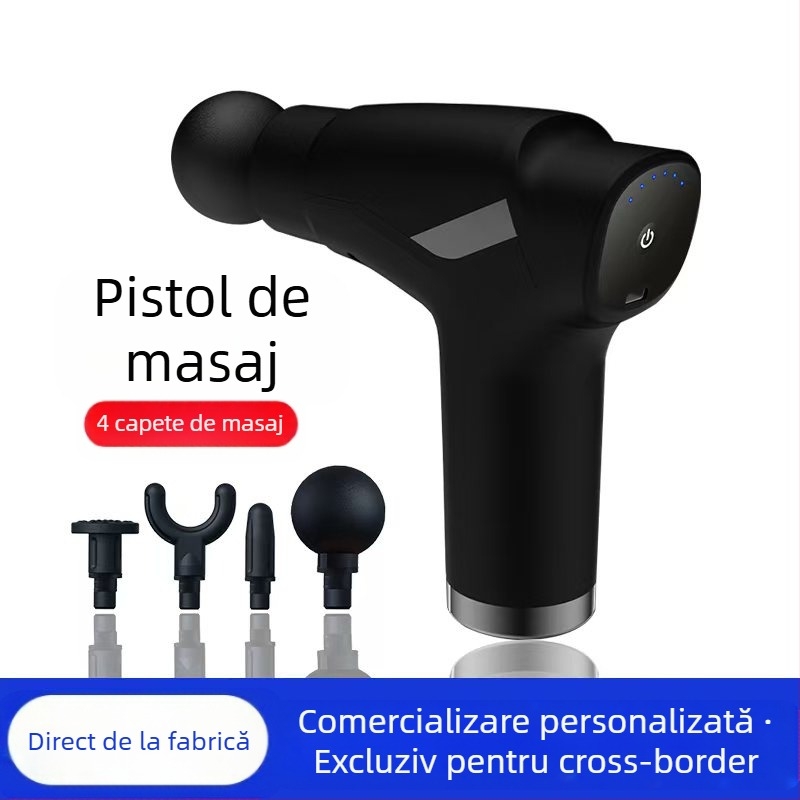 Mini masaj fascial cu motor cu peri; 4 capete de masaj; baterie încorporată 1200–2000 mAh; afișaj LCD cu 5+ niveluri de viteză; foarte silențios (<36 dB)
