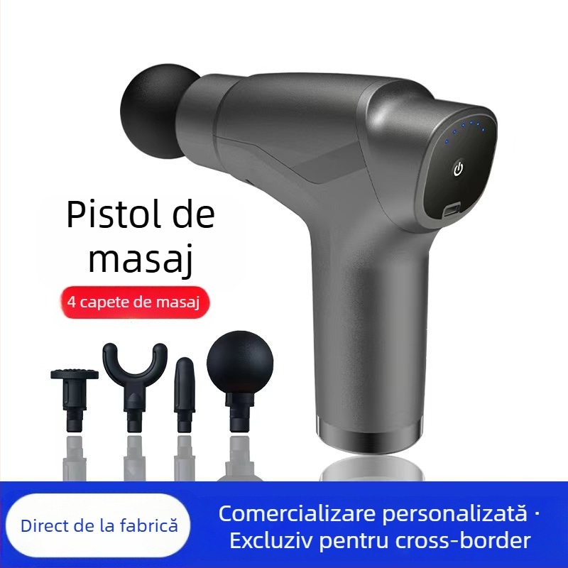 Mini masaj fascial cu motor cu peri; 4 capete de masaj; baterie încorporată 1200–2000 mAh; afișaj LCD cu 5+ niveluri de viteză; foarte silențios (<36 dB)