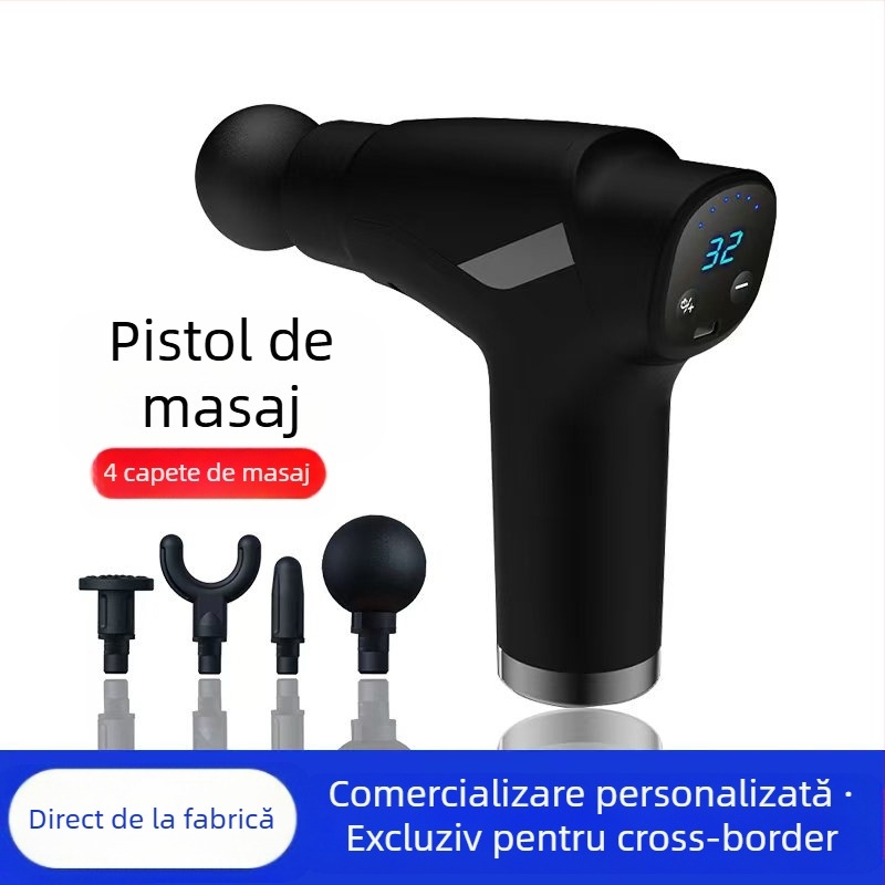 Mini masaj fascial cu motor cu peri; 4 capete de masaj; baterie încorporată 1200–2000 mAh; afișaj LCD cu 5+ niveluri de viteză; foarte silențios (<36 dB)