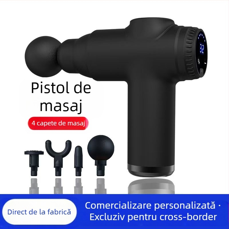Mini masaj fascial cu motor cu peri; 4 capete de masaj; baterie încorporată 1200–2000 mAh; afișaj LCD cu 5+ niveluri de viteză; foarte silențios (<36 dB)