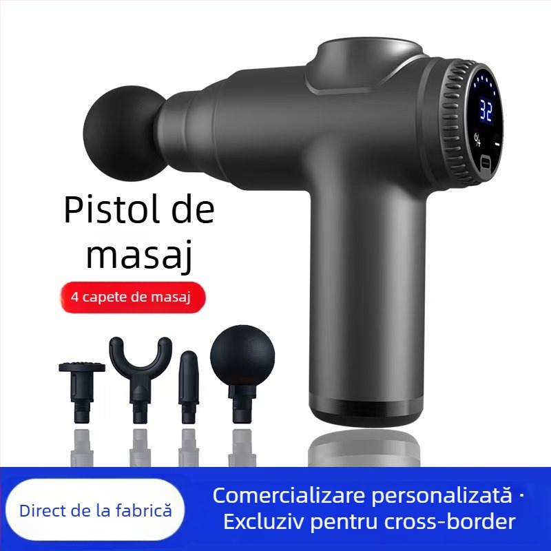 Mini masaj fascial cu motor cu peri; 4 capete de masaj; baterie încorporată 1200–2000 mAh; afișaj LCD cu 5+ niveluri de viteză; foarte silențios (<36 dB)