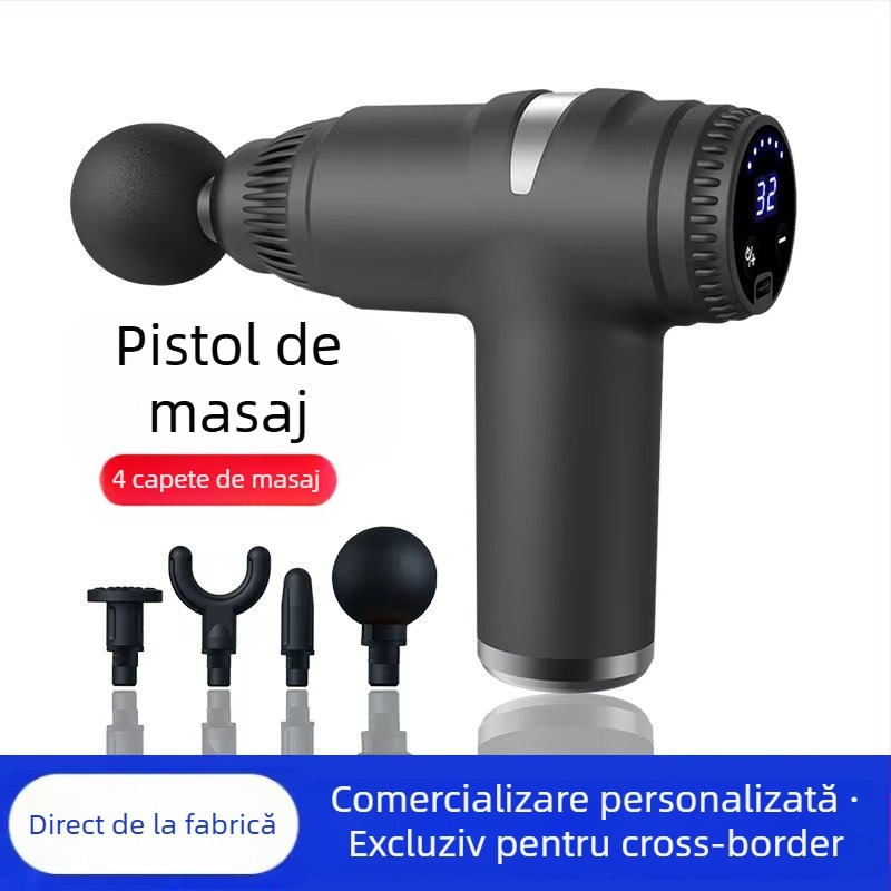 Mini masaj fascial cu motor cu peri; 4 capete de masaj; baterie încorporată 1200–2000 mAh; afișaj LCD cu 5+ niveluri de viteză; foarte silențios (<36 dB)