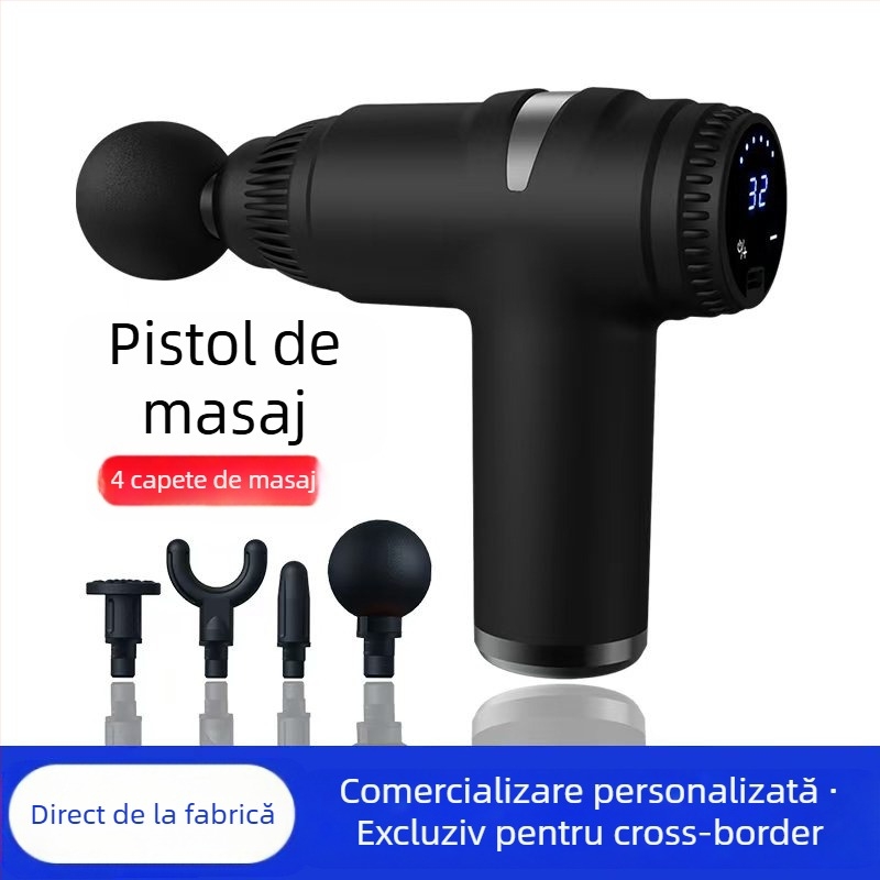 Mini masaj fascial cu motor cu peri; 4 capete de masaj; baterie încorporată 1200–2000 mAh; afișaj LCD cu 5+ niveluri de viteză; foarte silențios (<36 dB)