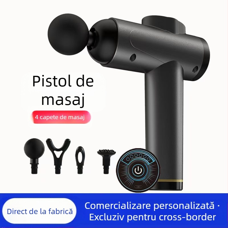 Mini masaj fascial cu motor cu peri; 4 capete de masaj; baterie încorporată 1200–2000 mAh; afișaj LCD cu 5+ niveluri de viteză; foarte silențios (<36 dB)