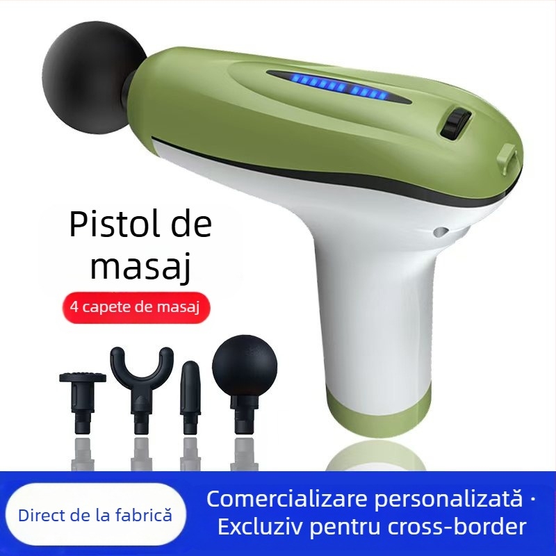 Mini masaj fascial cu motor cu peri; 4 capete de masaj; baterie încorporată 1200–2000 mAh; afișaj LCD cu 5+ niveluri de viteză; foarte silențios (<36 dB)