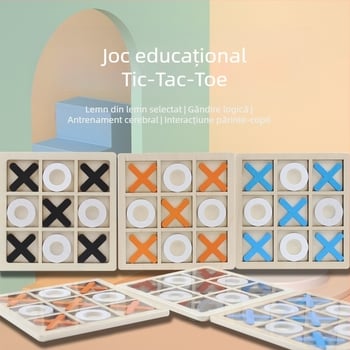 Tavă din lemn XO cu nouă pătrate — joc logic pentru copii (4–14 ani), dezvoltare intelectuală și coordonare mână-ochi